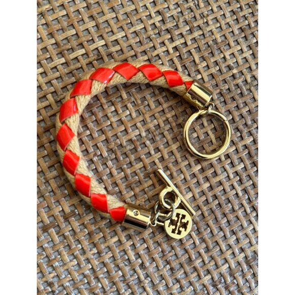 Tory Burch Woven Rope Toggle Bracelet Gold Tan Logo Charm Tennessee Orange EUC - Picture 5 of 9
